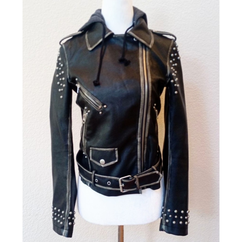 Zara black studded faux leather moto hooded jacket